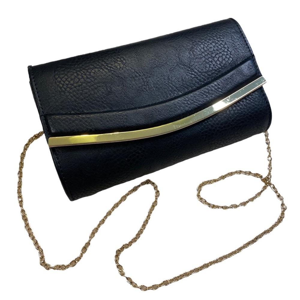 Black gold faux leather purse clutch with chain strap for cocktail dress